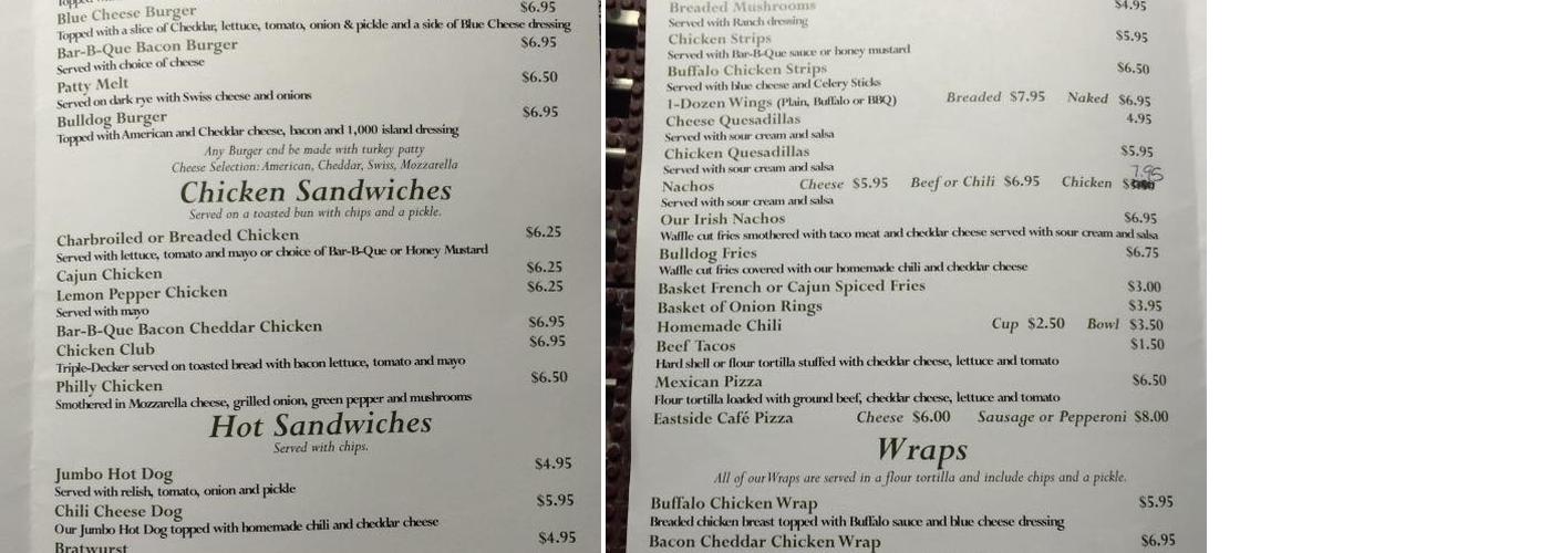 Fitz's Bull Dog Menu