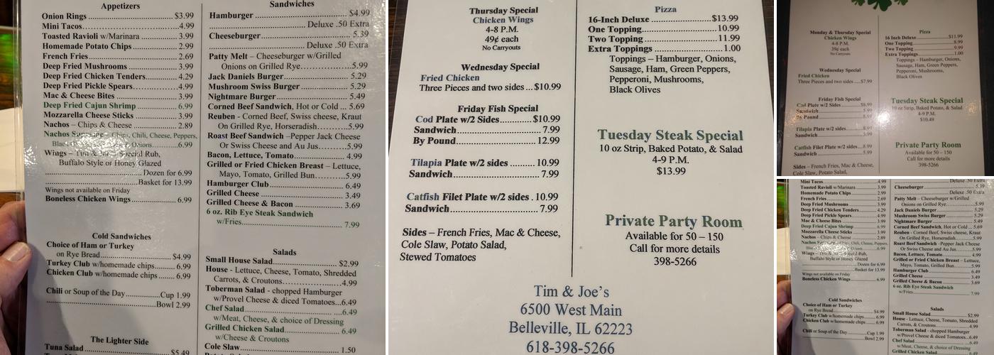 Tim & Joe's Tavern Menu