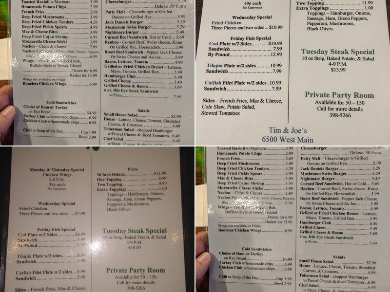 Tim & Joe's Tavern Menu