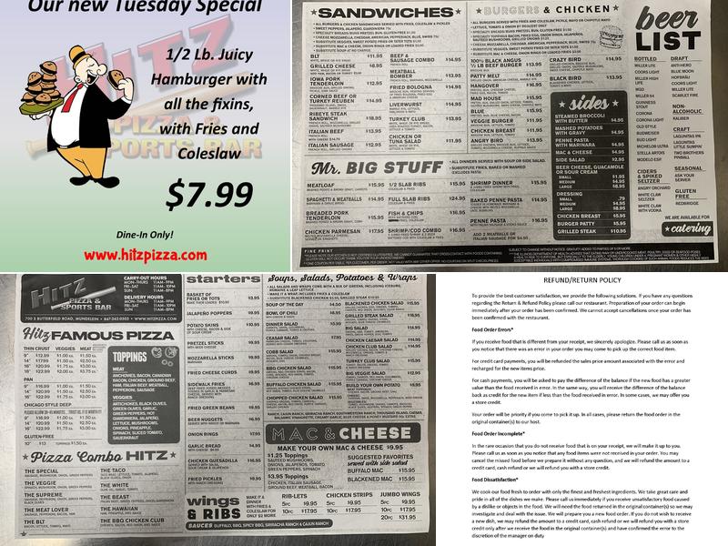 Hitz Pizza and Sports Bar Menu