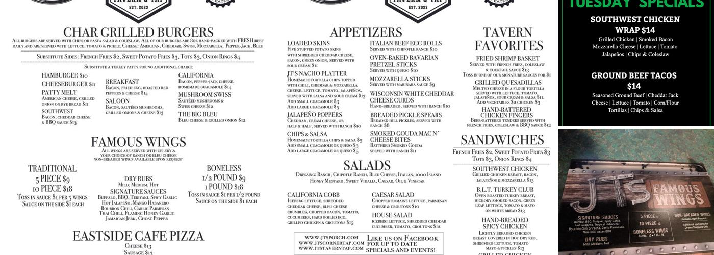 JT's Porch Saloon & Eatery Menu