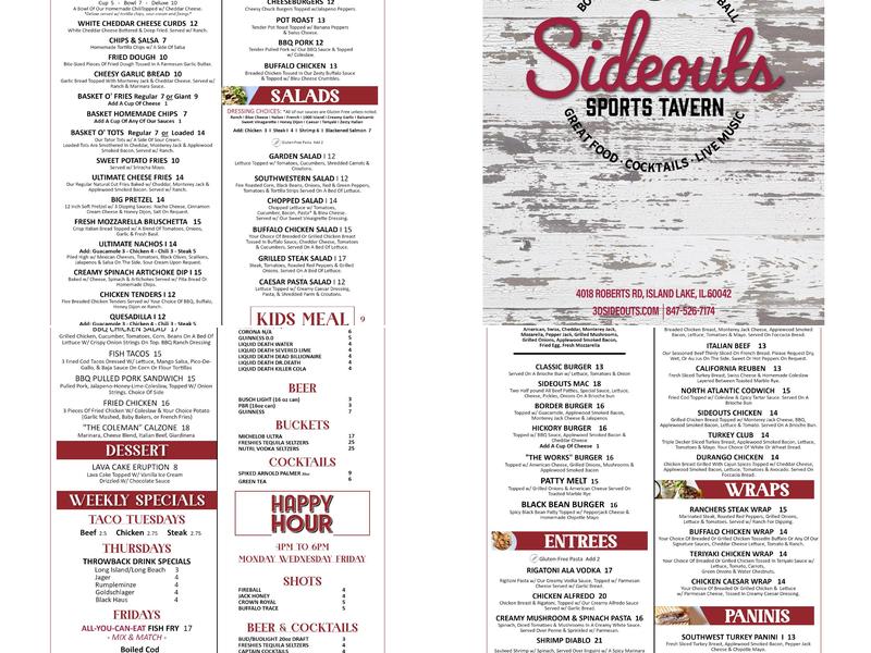 Sideouts Sports Tavern Menu