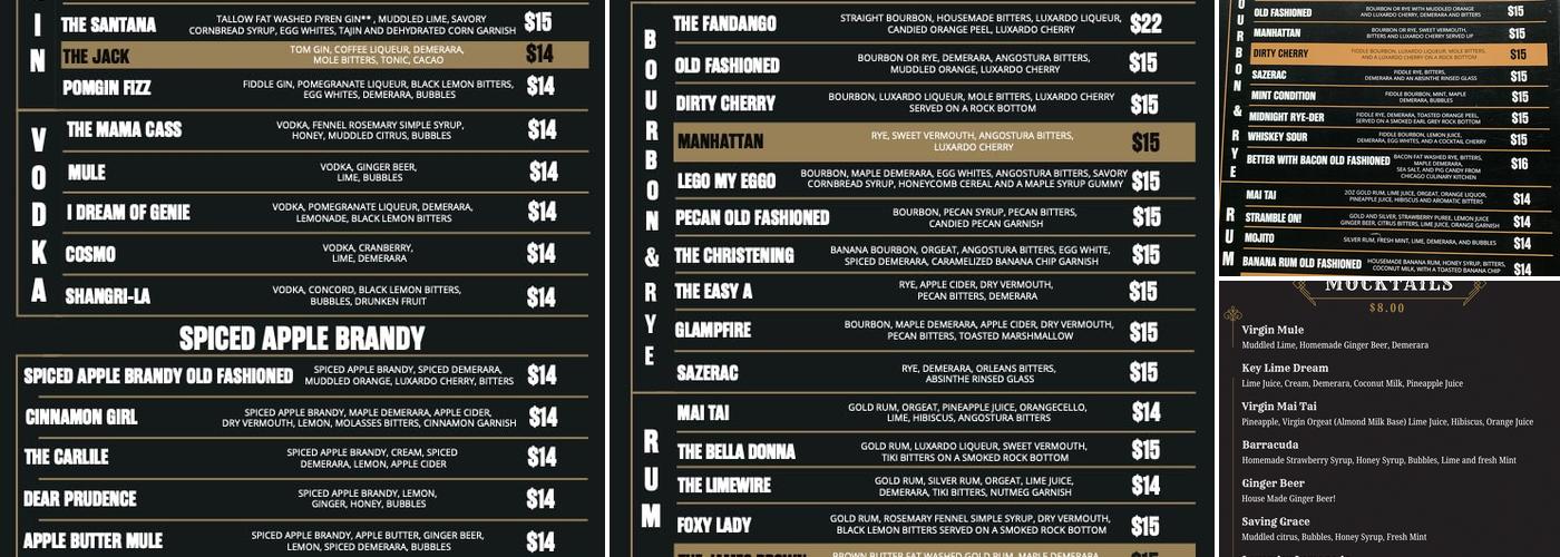 Copper Fiddle Distillery Menu