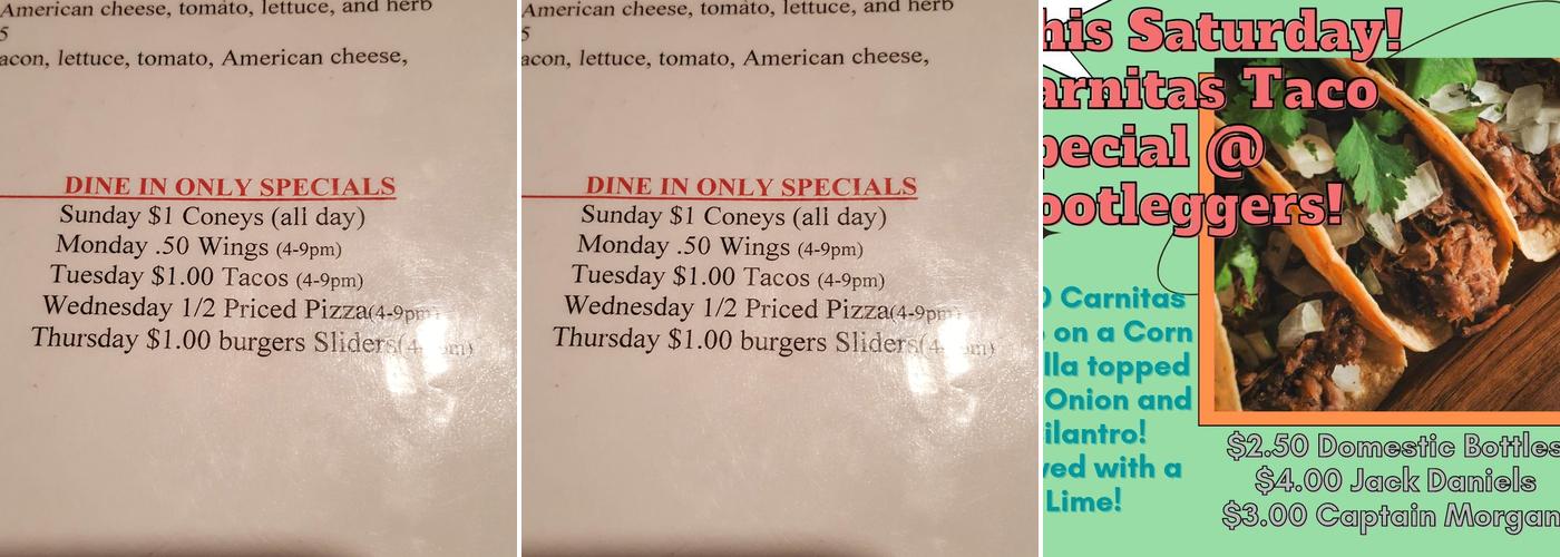 Bootleggers Saloon and Galley Menu