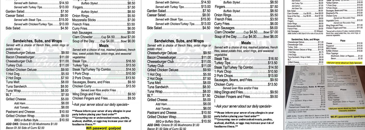 Goal Post Bar & Grille Menu