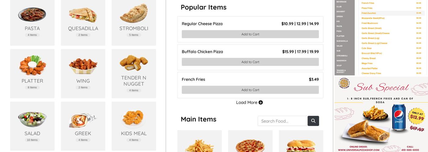 Universal Pizza & Subs Menu