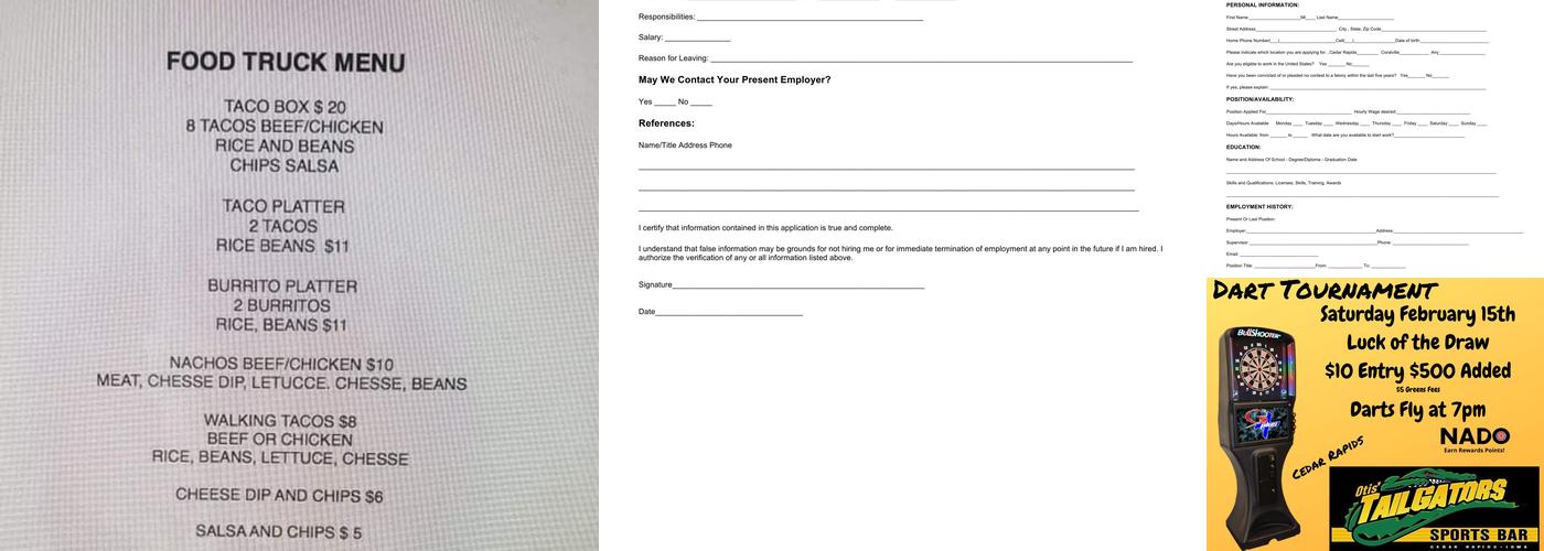 Tailgators Menu