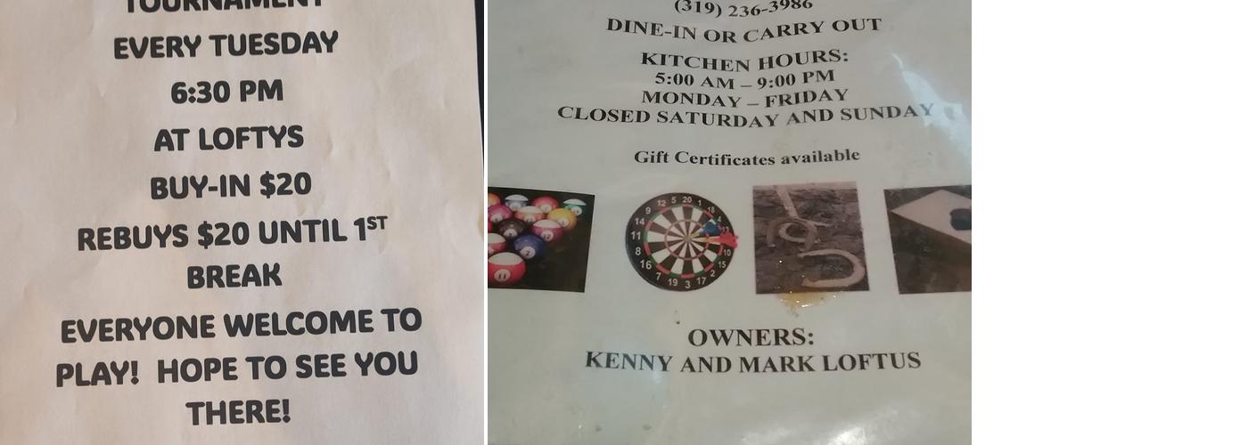 Lofty's Lounge Menu