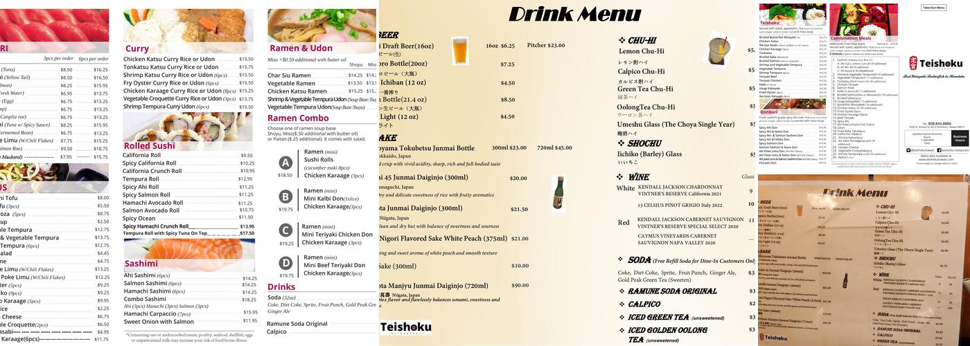 Teishoku Restaurant Menu