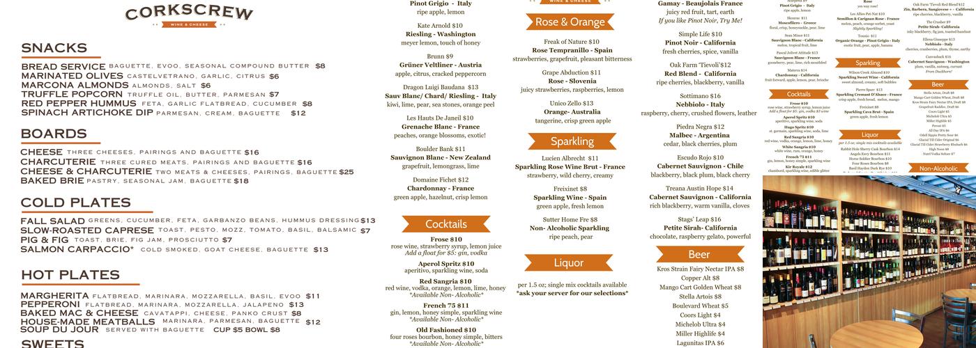 Corkscrew Wine & Cheese Menu