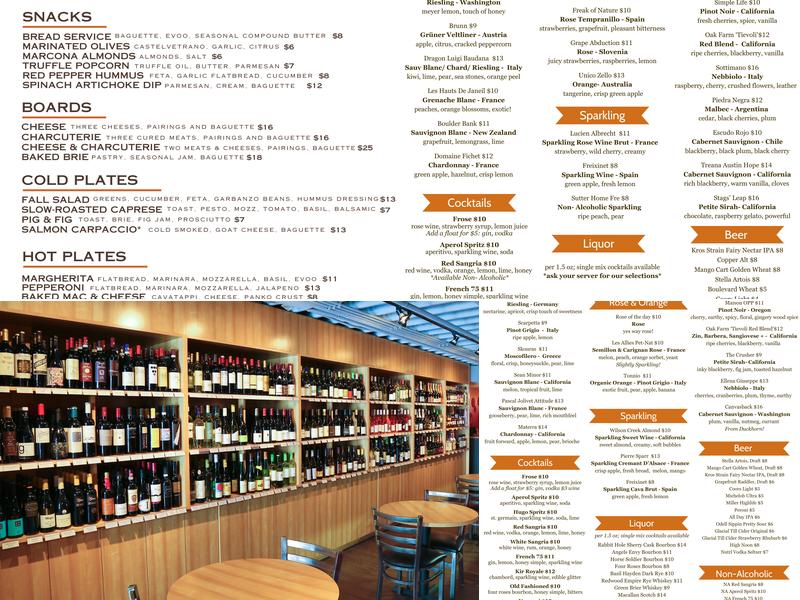 Corkscrew Wine & Cheese Menu
