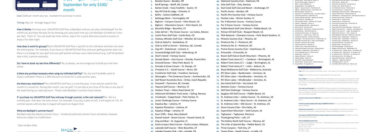 Backspin Indoor Golf Menu