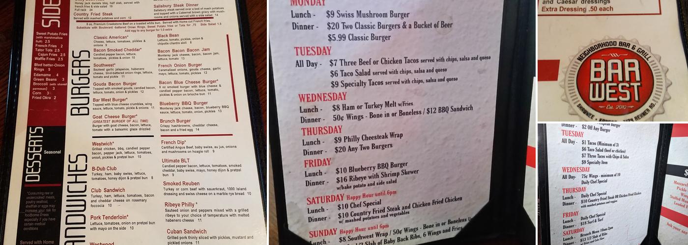 The Bar West Menu