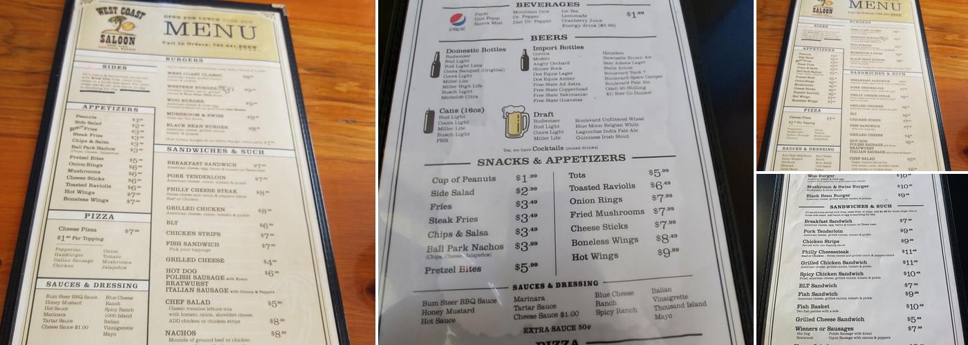 West Coast Saloon Menu