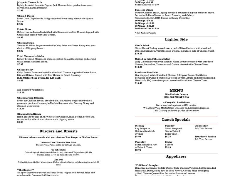 Side Pockets Lenexa Menu