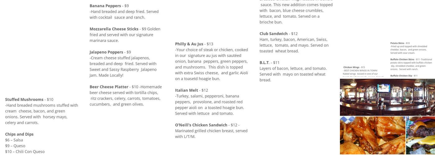 O’Neill’s Menu