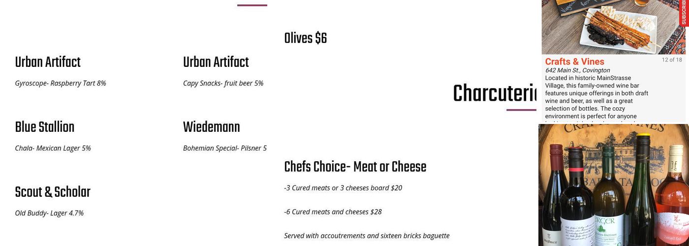 Crafts & Vines Menu