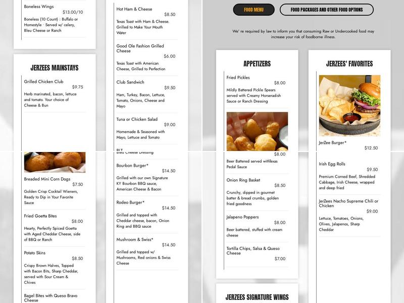 JerZees Pub Menu