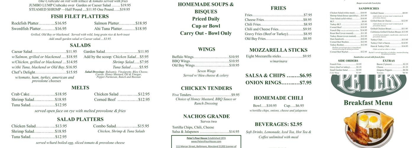 Peter's Pour House Menu