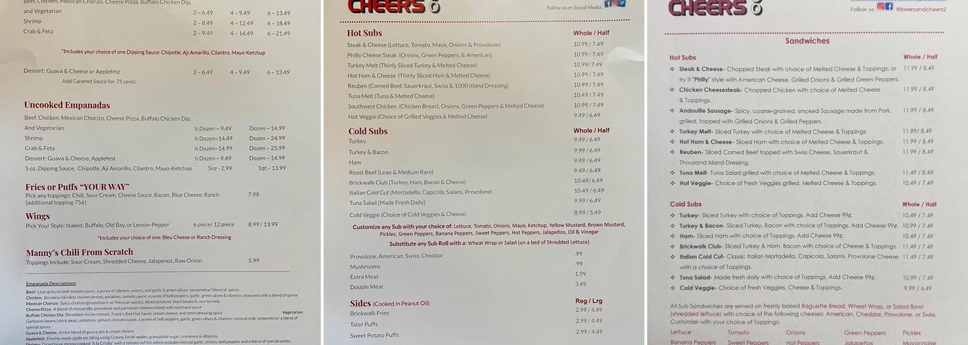 Beers & Cheers Too Menu