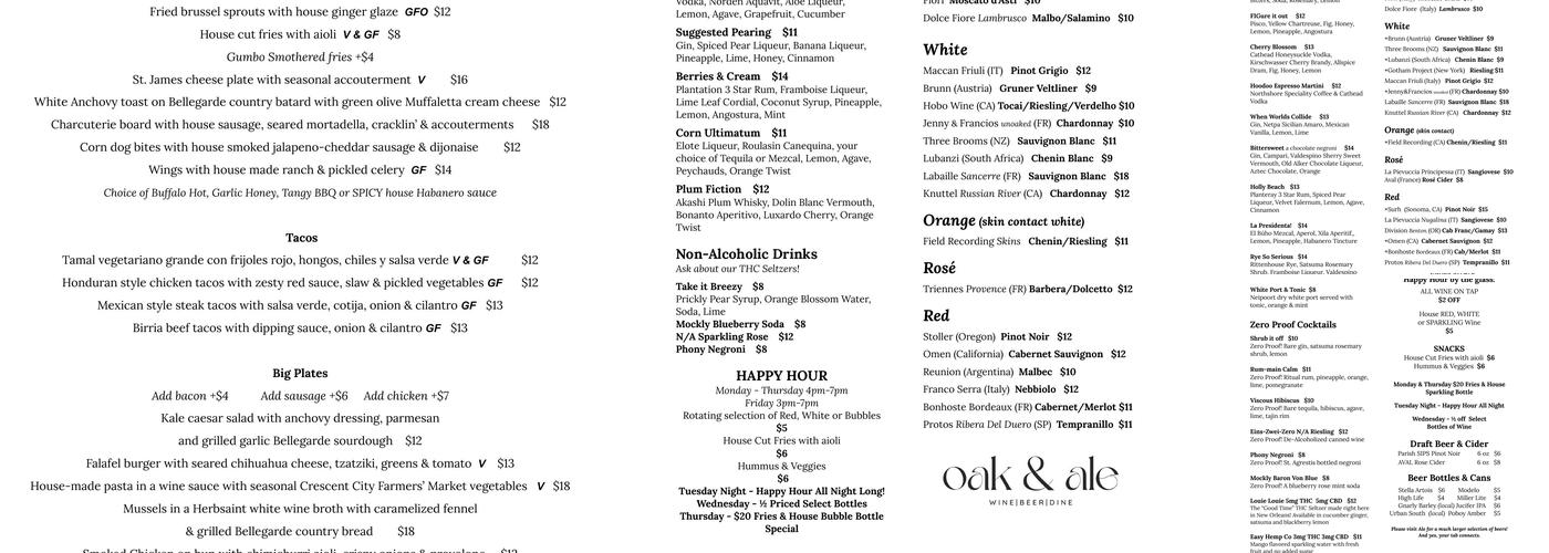 Oak & Ale Menu