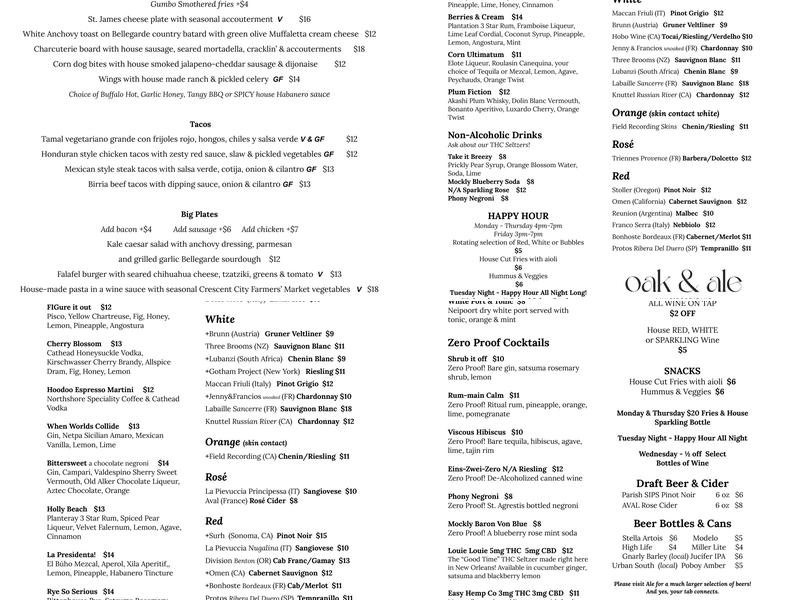 Oak & Ale Menu