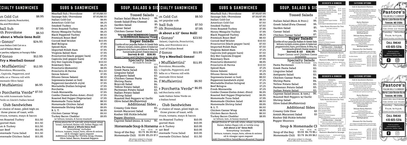 Pastore's Italian Delly Menu