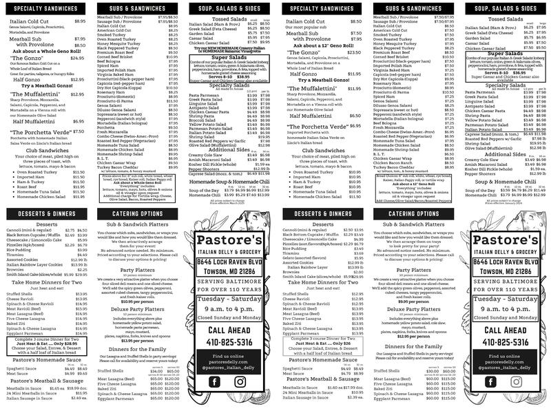 Pastore's Italian Delly Menu