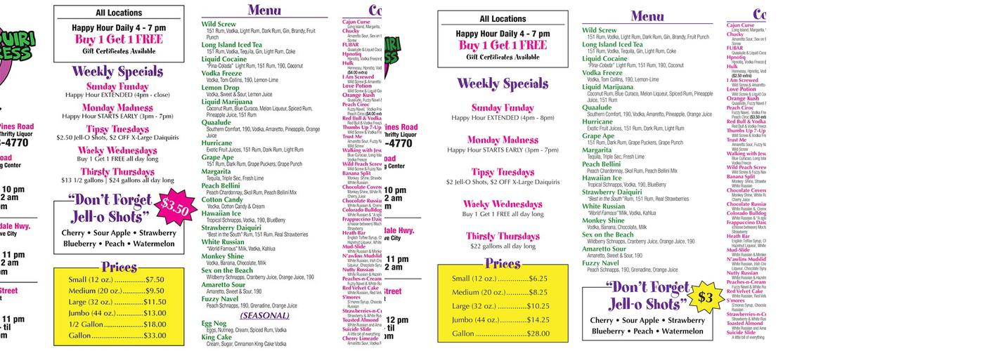 Daiquiri Express South Menu