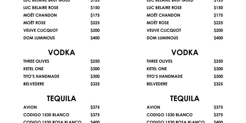 Down Nightclub Boston Menu