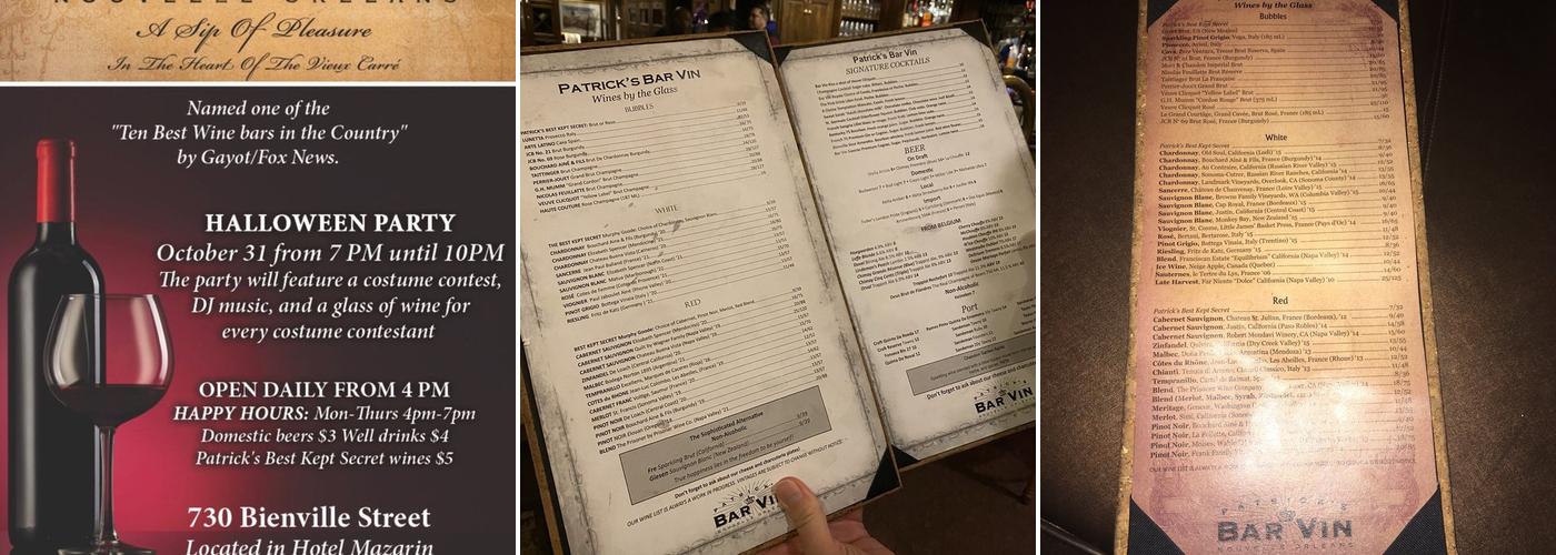 Patrick’s Bar Vin Menu