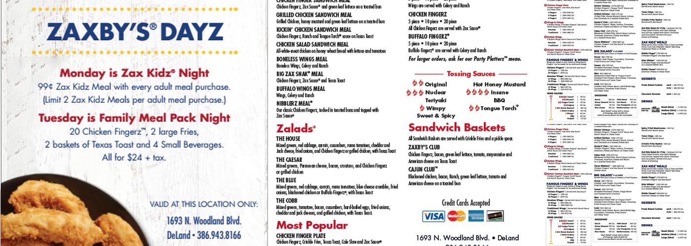 Zaxbys Chicken Fingers & Buffalo Wings Menu