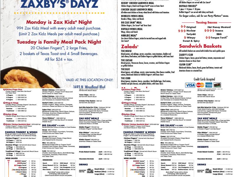Zaxbys Chicken Fingers & Buffalo Wings Menu