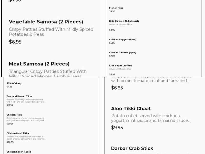 Darbar Indian Restaurant (Halal Food) Menu