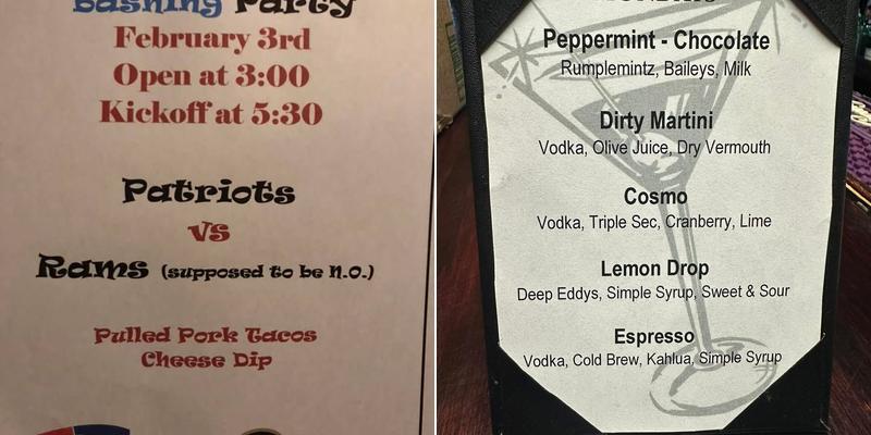 TBJ's Bar Menu