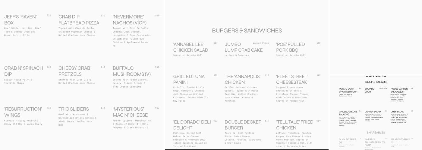 Annabel Lee Tavern Menu