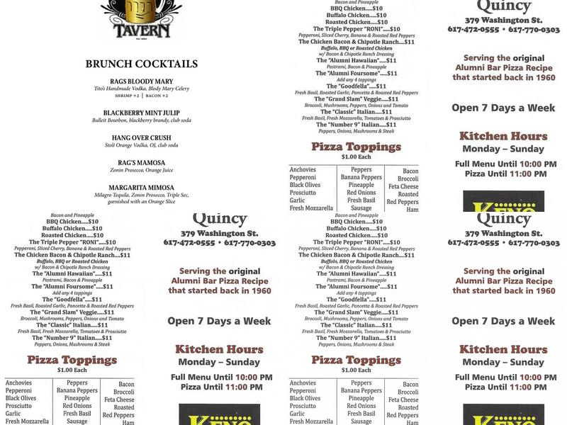 Rags Tavern Menu