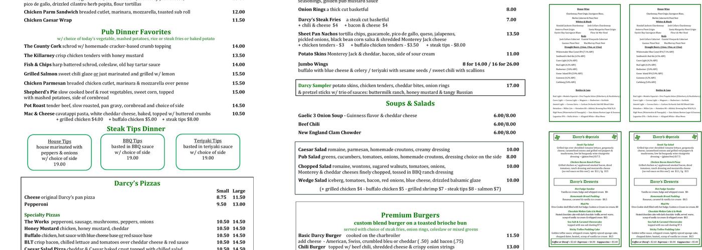 Darcy's Village Pub Menu