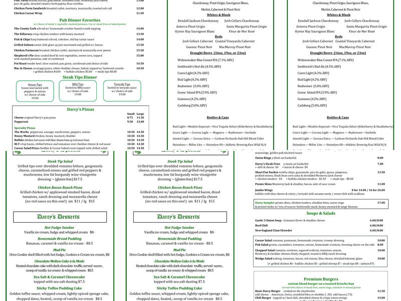 Darcy's Village Pub Menu