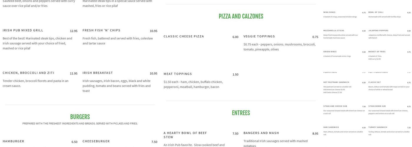 The Irish Pub Menu