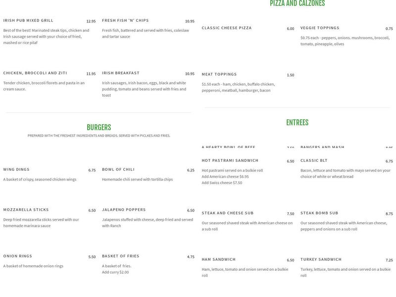 The Irish Pub Menu
