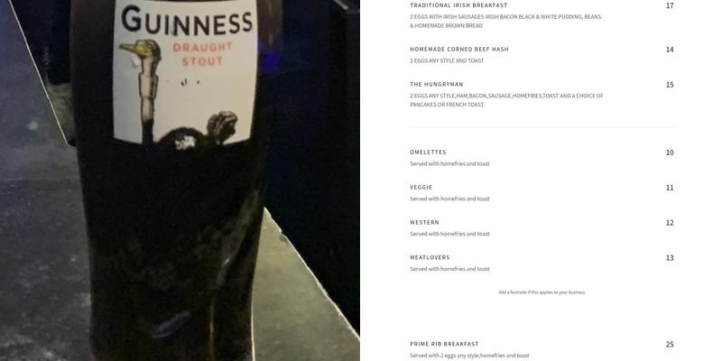 The Irish Pub Menu