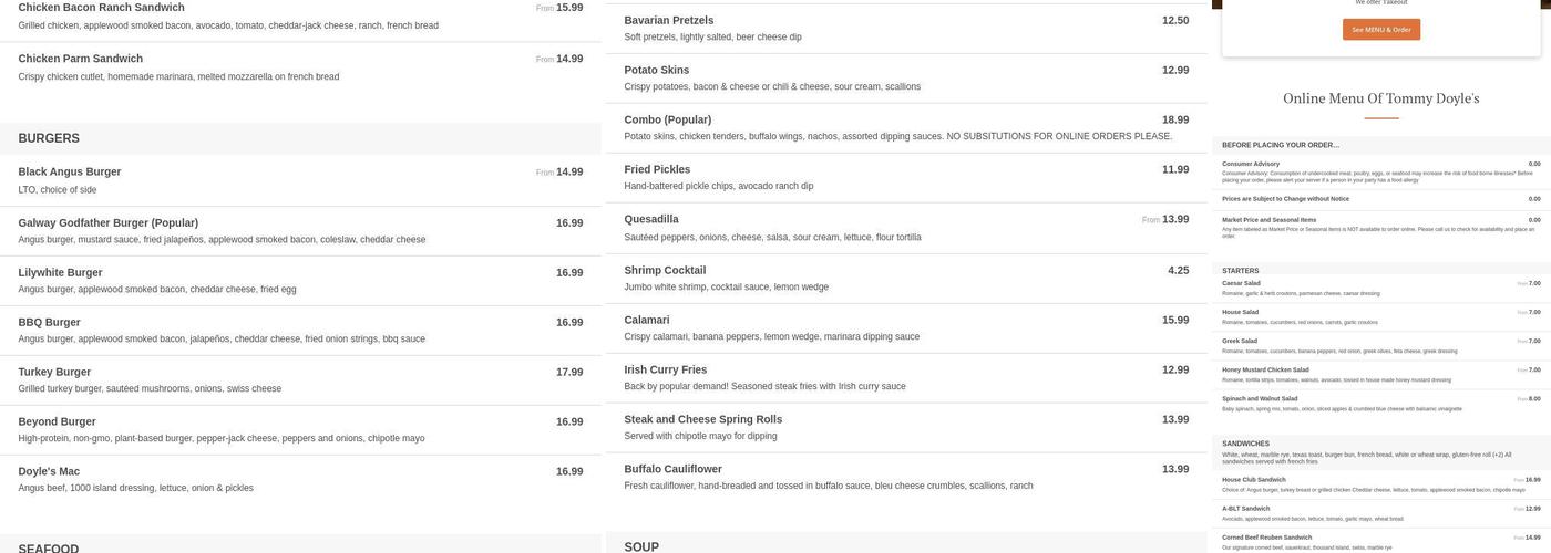 Tommy Doyle's Menu