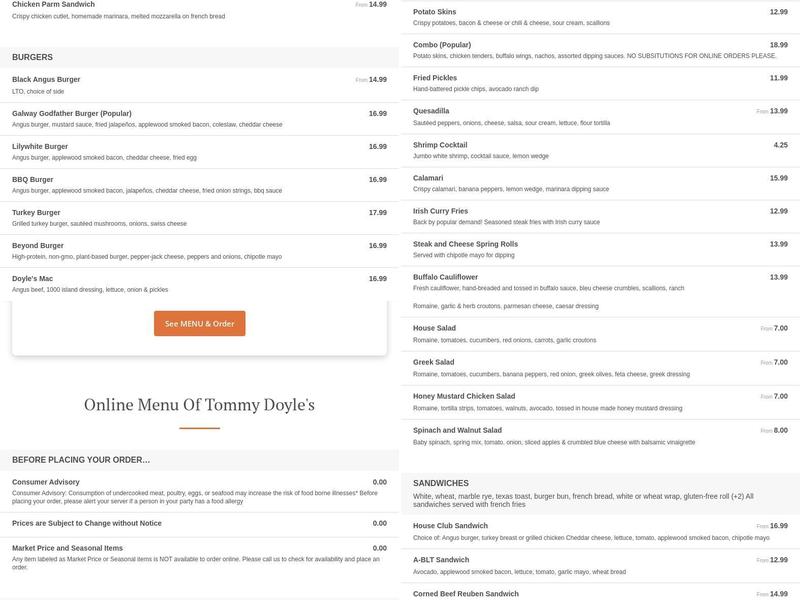 Tommy Doyle's Menu