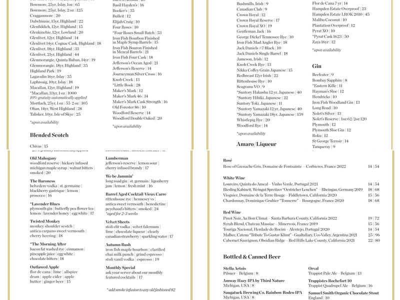 Lumber Baron Bar Menu