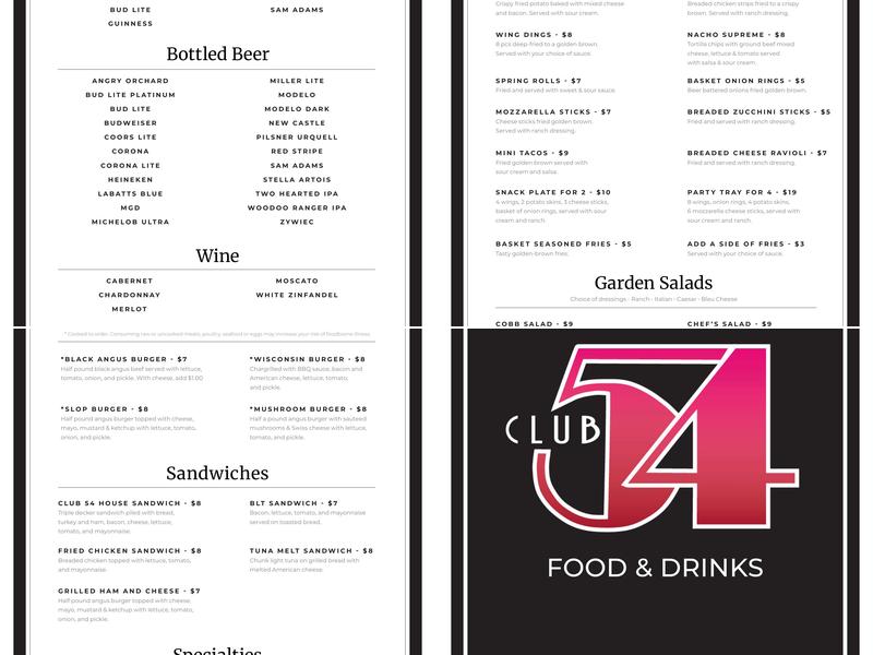 Club 54 Menu