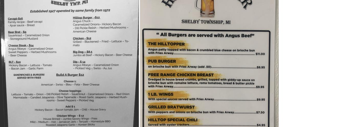 Hilltop Bar Menu