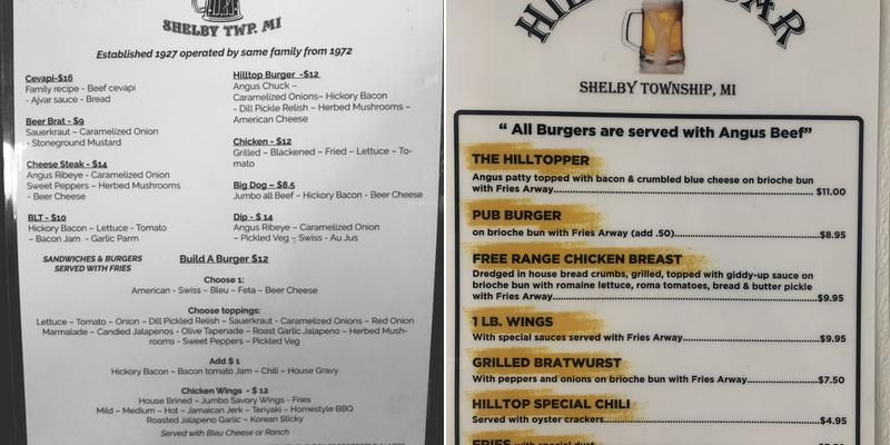 Hilltop Bar Menu