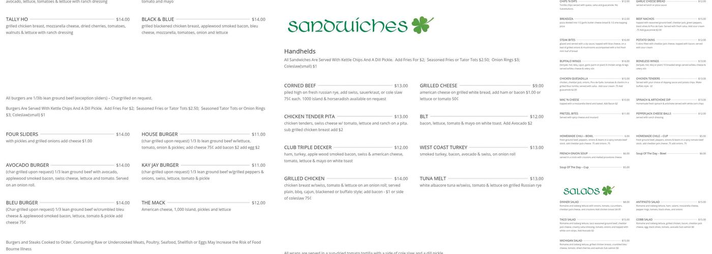 Kay Jay's Irish Pub Menu