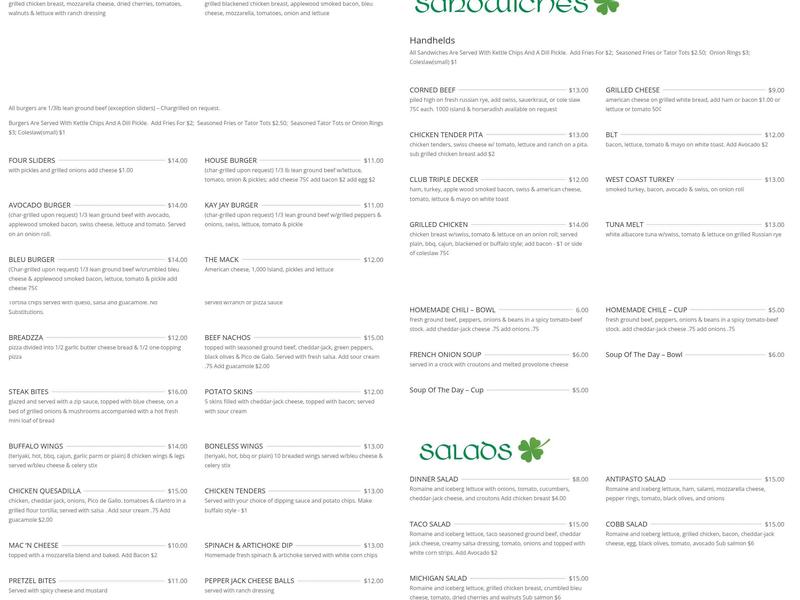 Kay Jay's Irish Pub Menu